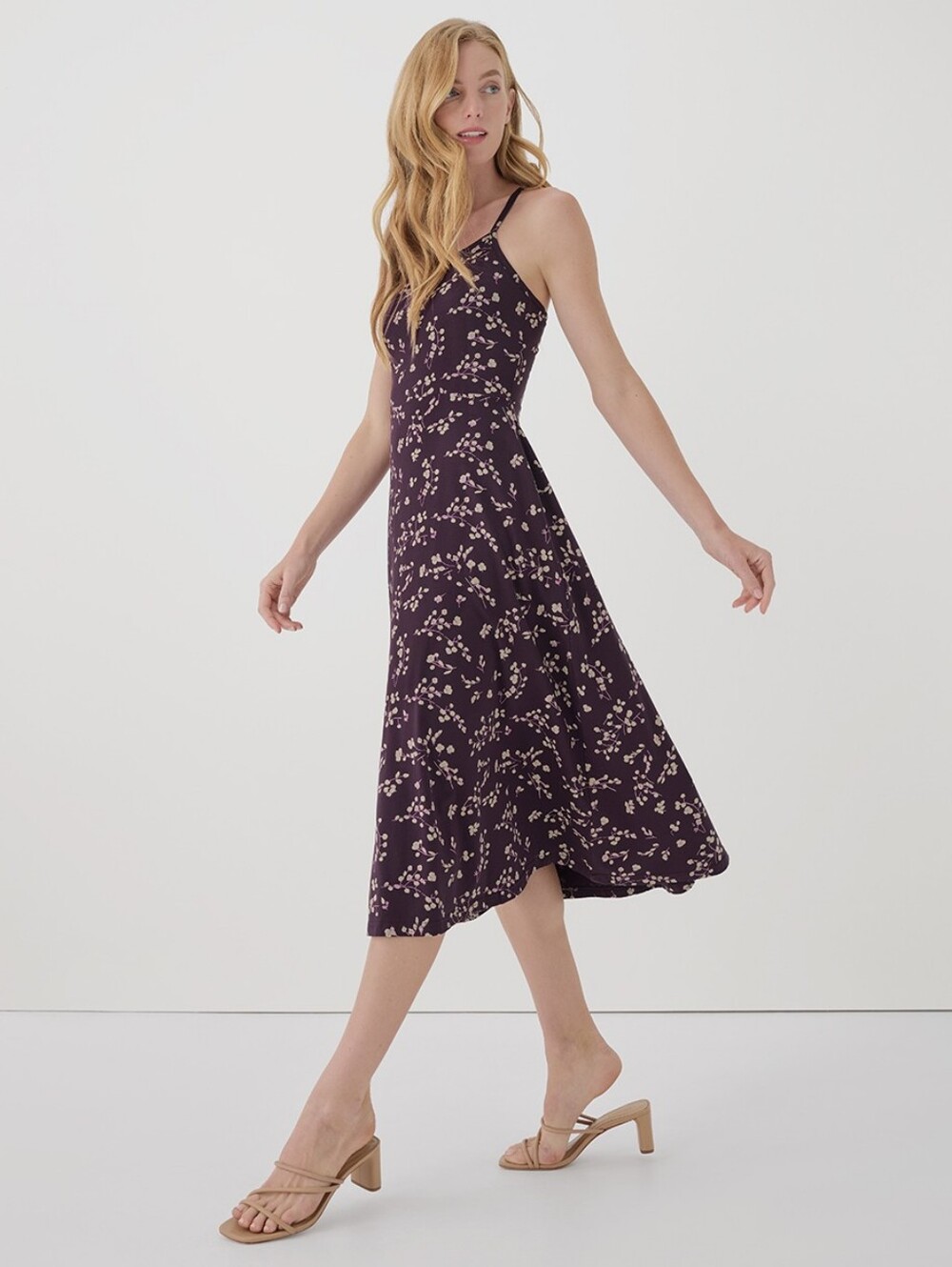 Pact Fit & Flare Midi Dress Medium Purple Floral Organic Cotton Built-in Bra
